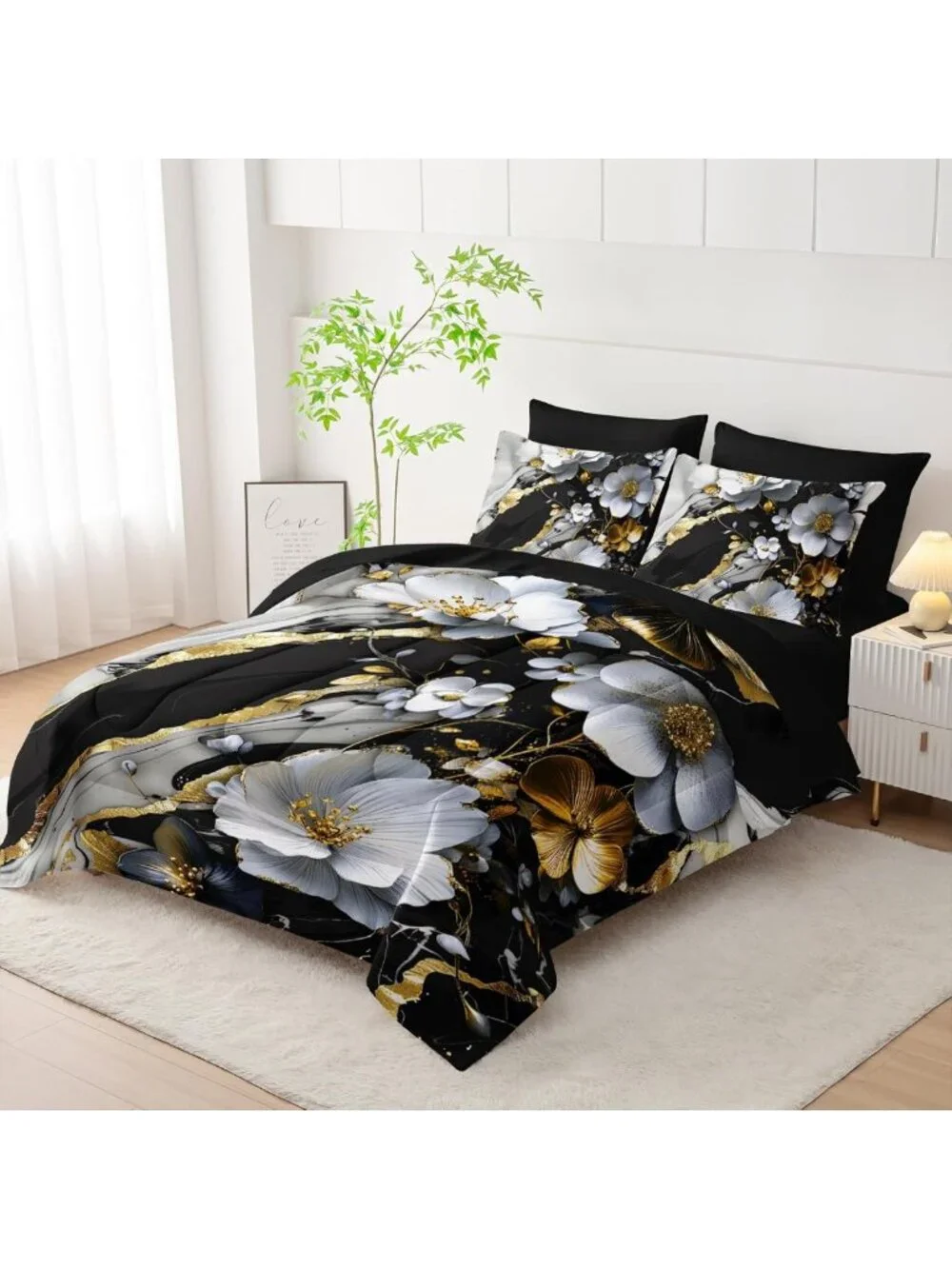 7-Piece King Marble Floral Comforter Set - Black & White Bedding, Gold Accents